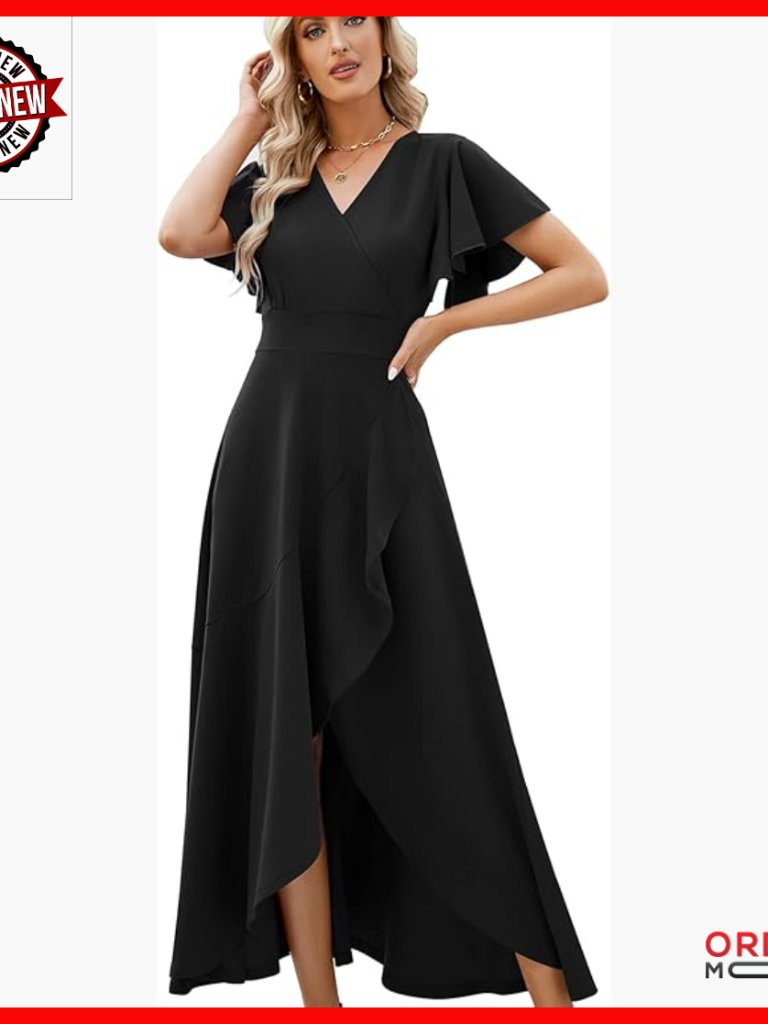 Elegant V-Neck Formal Gown With Ruffle Sleeves And Split Hem